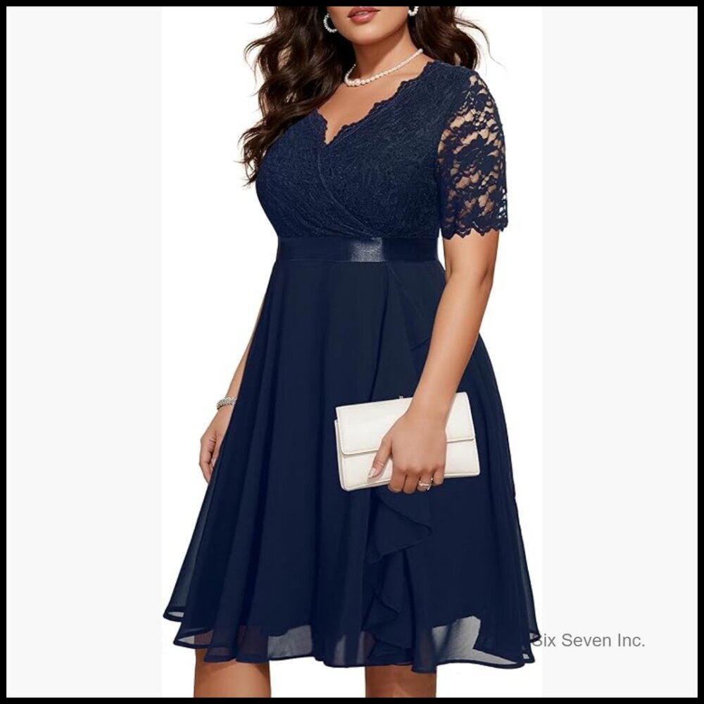 Plus Size Formal Cocktail Party Ruffle Lace Chiffon V Neck Midi Dress